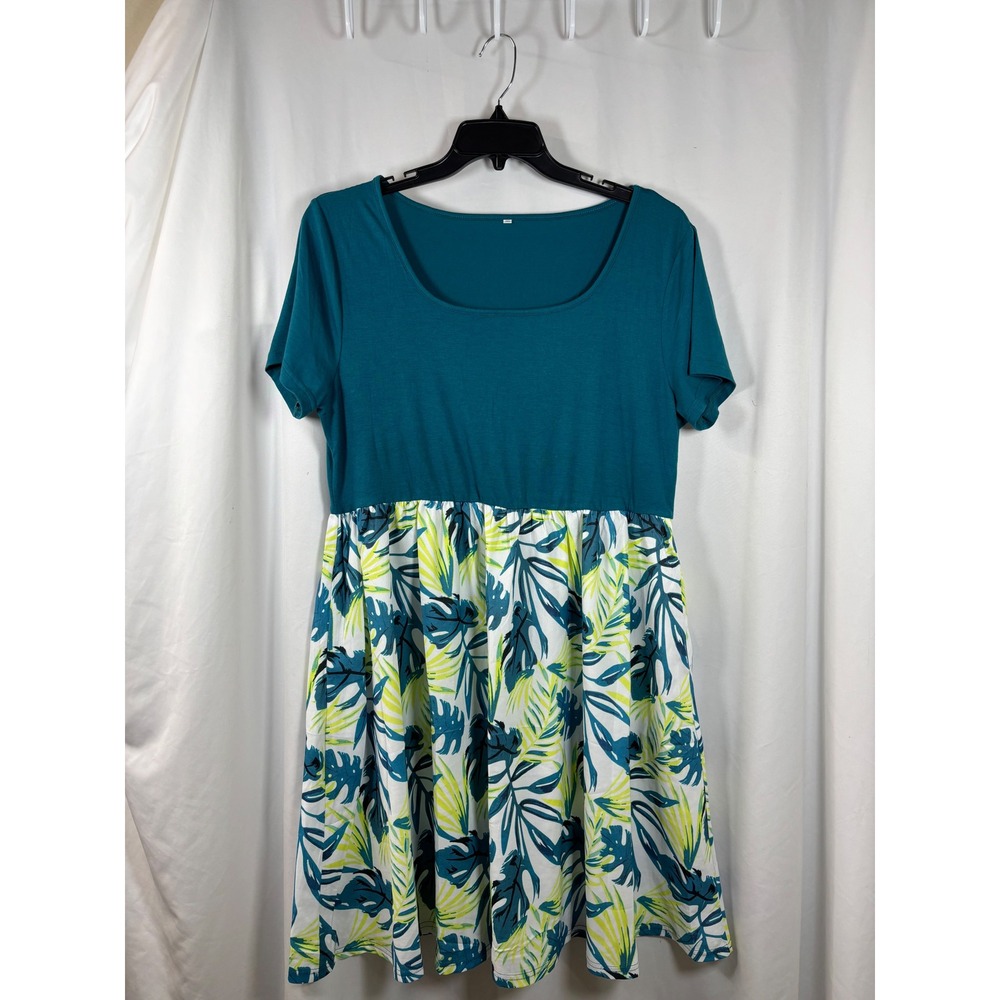Womens XXL Tropical Leaf Print Empire Waist Dress Short Sleeve Teal Blue Green